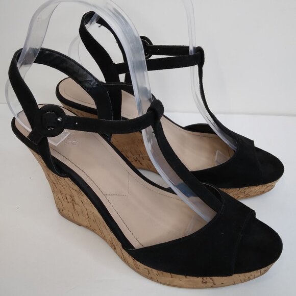 CHARLES by Charles David T-Strap Black Cork Wedge Sandals Size 9M - Picture 1 of 12